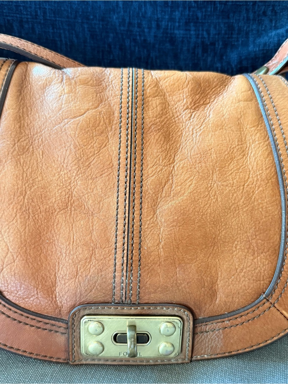 Fossil Tan Leather Saddle Crossbody with Gold Turn-Lock
